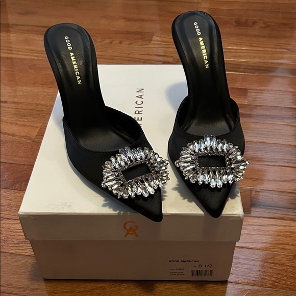 Good American Shoes - Good American Black Pointed Satin Mules with Crystal Buckle